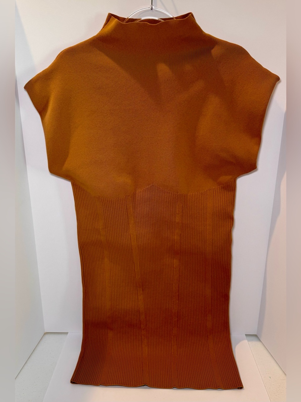 Ribbed Mock Neck Dress Camel Cap Sleeve Stretch Fitted Knit Anthropologie